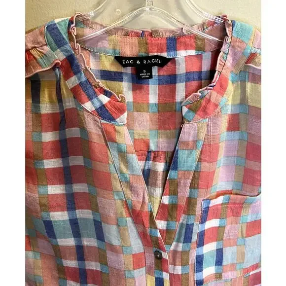 Zac & Rachel, Colorful Plaid, Button up, V-Neck, Ruffles, S - Picture 3 of 8